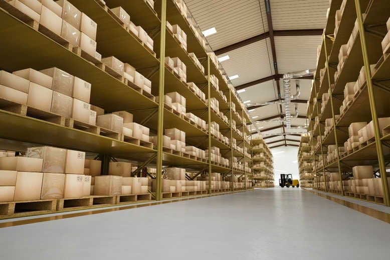 Warehouse racking stacked with cartons