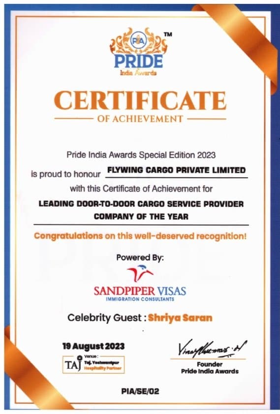 Pride India Award 2023 certificate presented to Flywing Cargo Private Limited